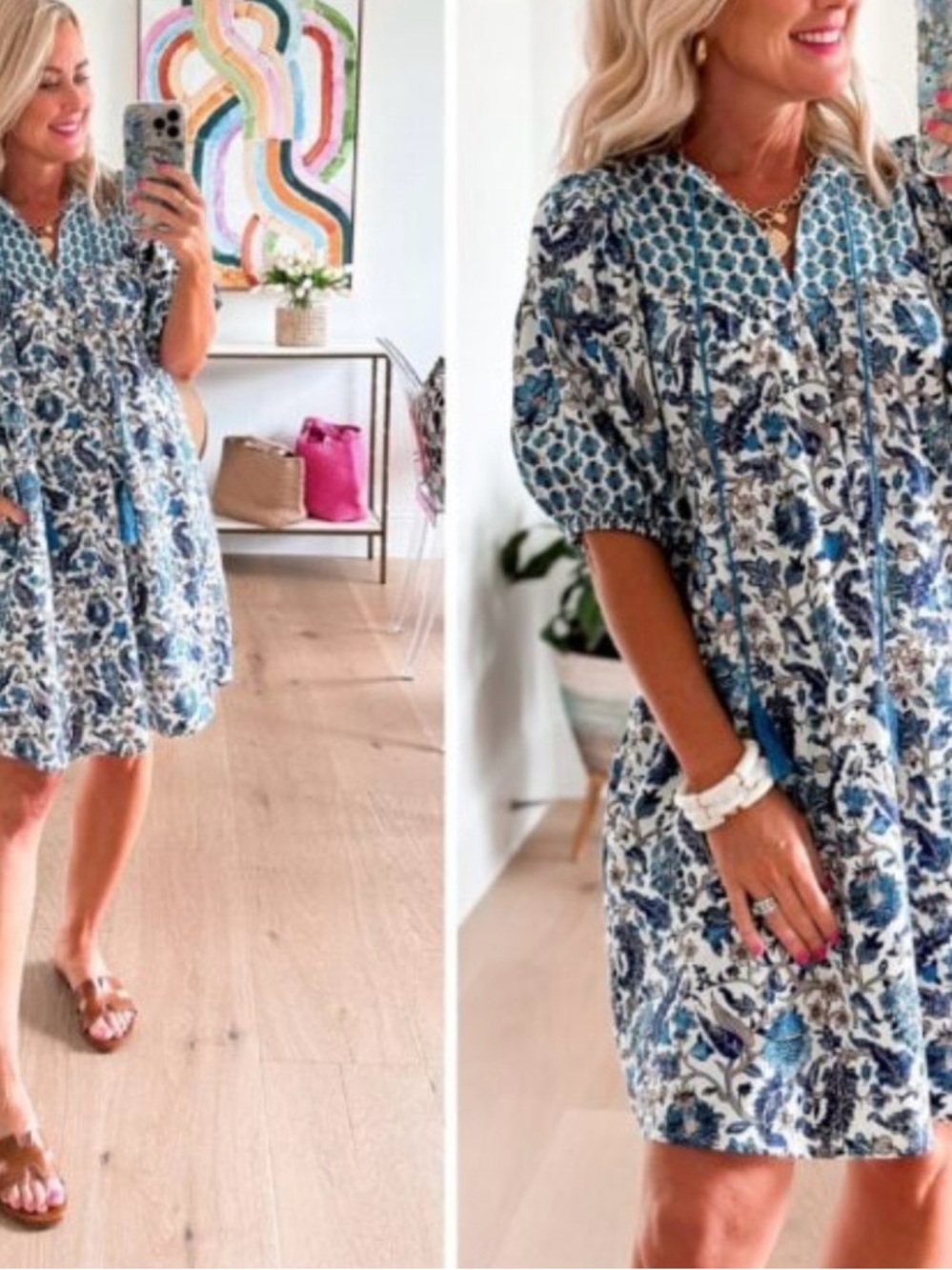 🩷 Knox Rose Blue/Cream Floral Mini Dress with Tassel Tie size M Great teachers! - Picture 2 of 7